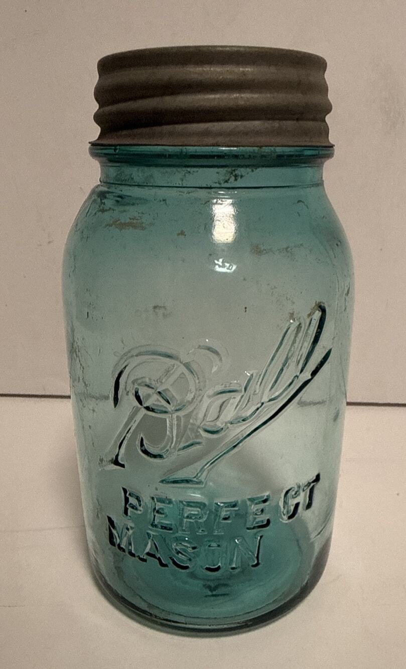Ball Perfect Mason Quart Canning Jar With Zinc Lid Glass Aqua Green Vintage